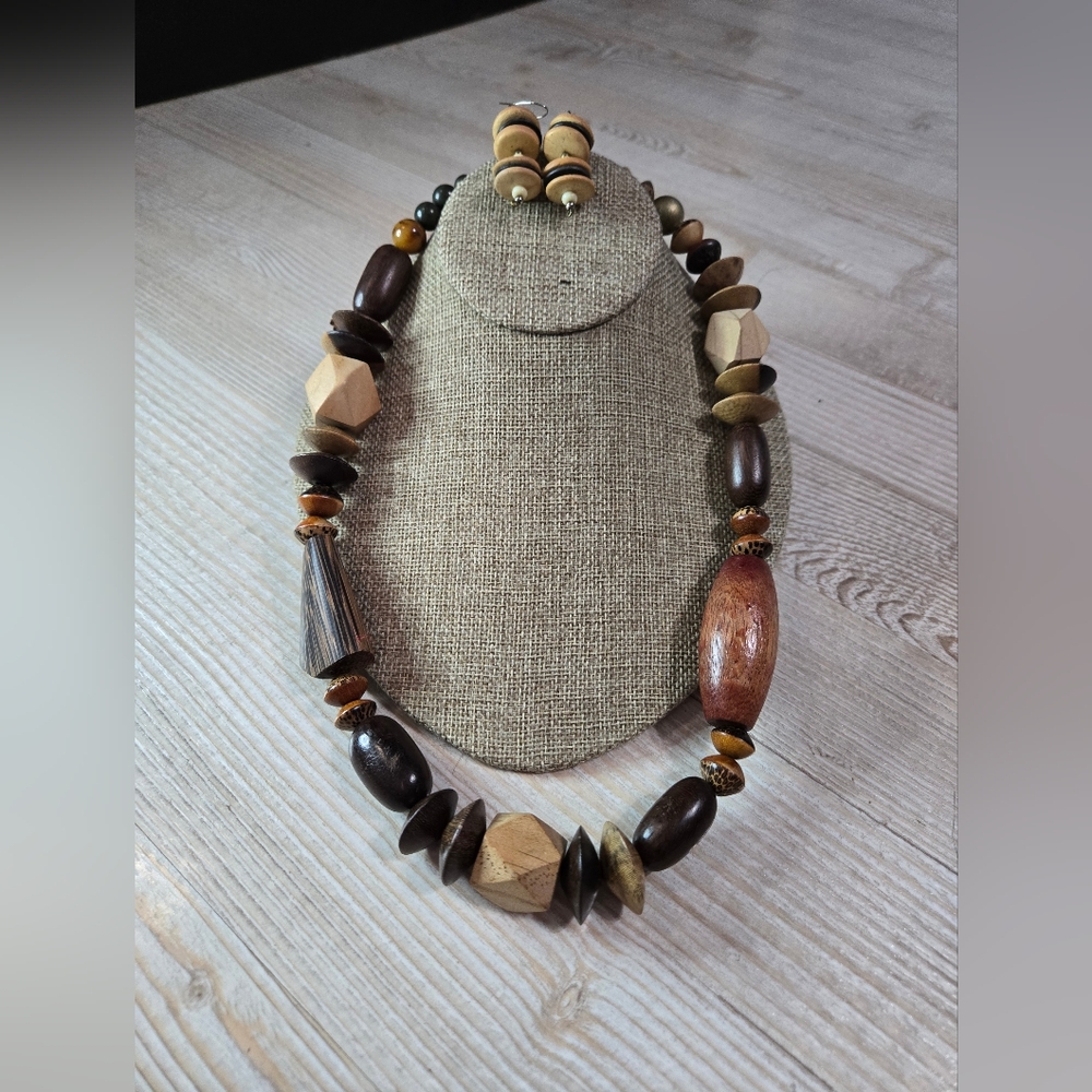 Chunky Wood Bead Necklace & Earring Set Boho Tribal Natural Handmade Jewelry.
